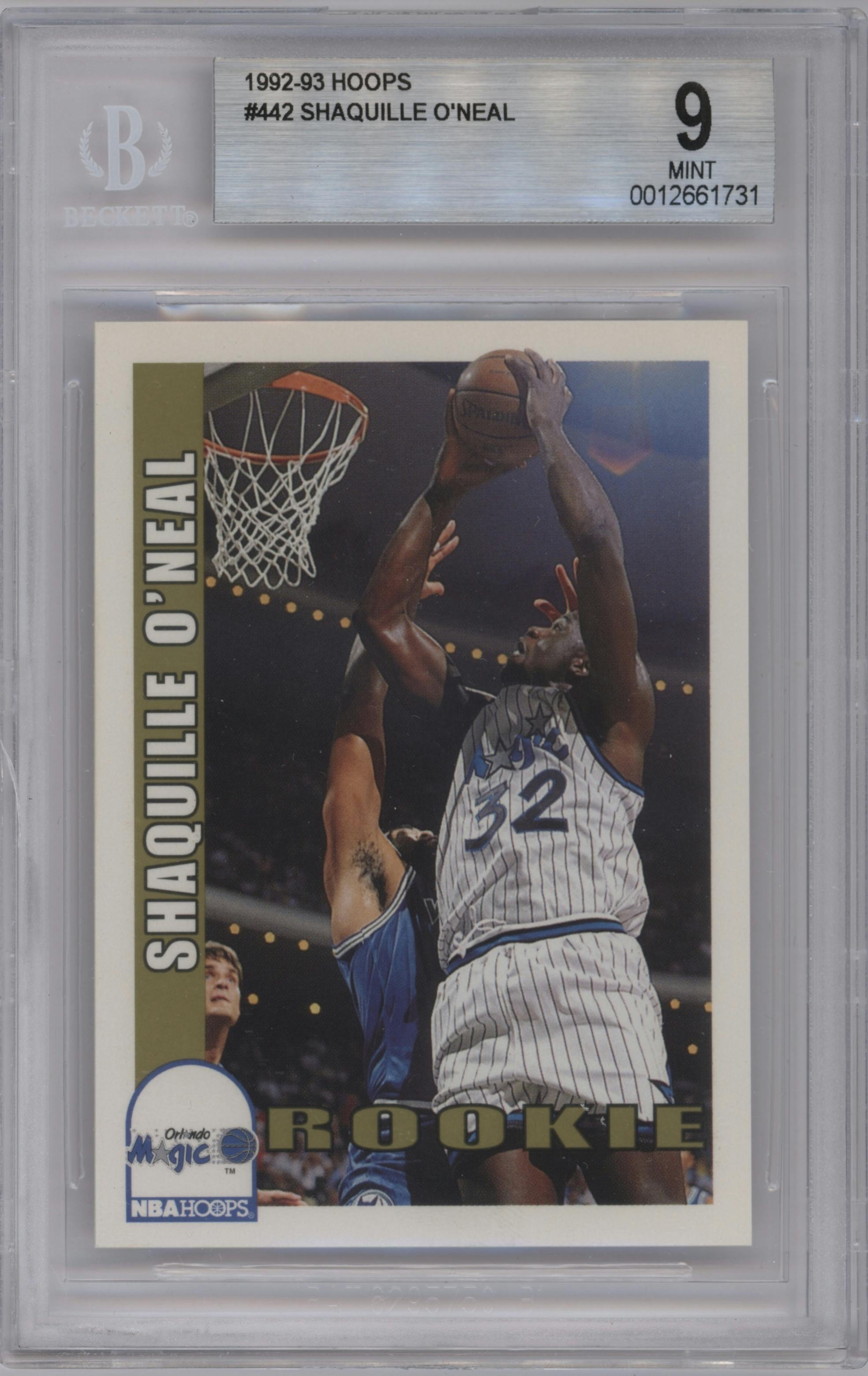 Shaquille O'Neal from the 1992-93 NBA Hoops set graded by Beckett and given an overall grade of 9.