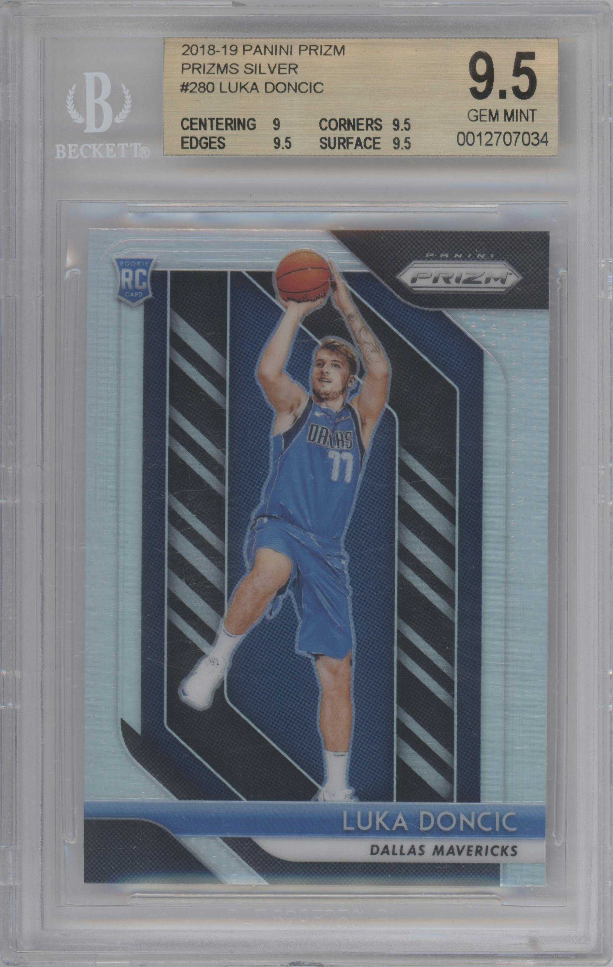 Luka Doncic from the 2018-19 Panini Prizm set featuring a Silver Prizm parallel graded by Beckett and given an overall grade of 9.5.