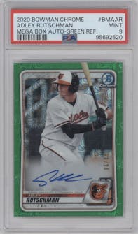 Adley Rutschman from the 2020 Bowman Mega Box Chrome set featuring a Green Refractor parallel graded by PSA and given an overall grade of 9.