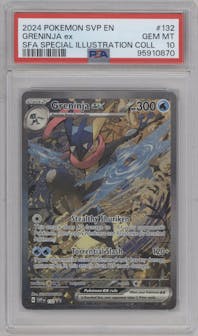 Greninja ex from the 2024 Pokemon SV set featuring a Shrouded Fable Greninja ex Special Illustration Collection parallel graded by PSA and given an overall grade of 10.
