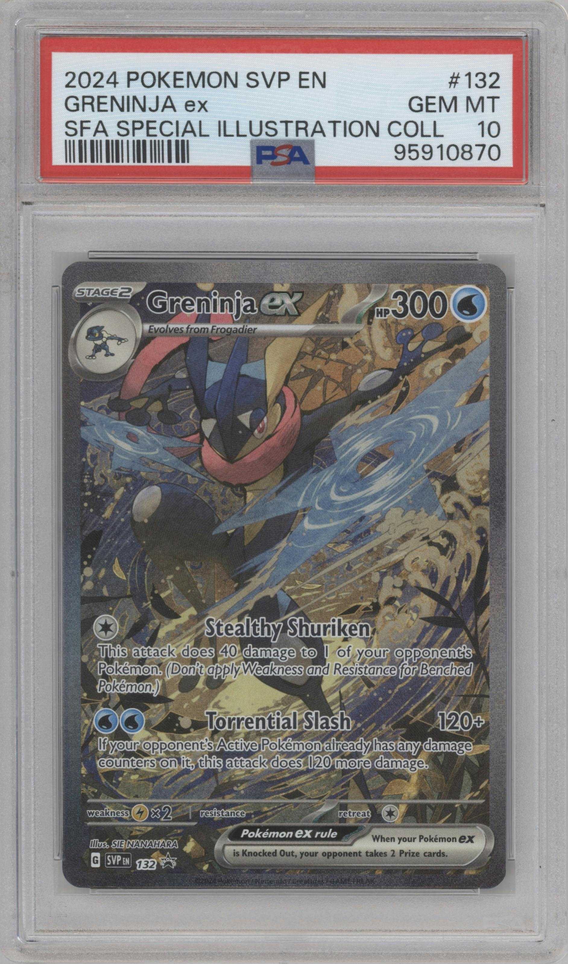 Greninja ex from the 2024 Pokemon SV set featuring a Shrouded Fable Greninja ex Special Illustration Collection parallel graded by PSA and given an overall grade of 10.