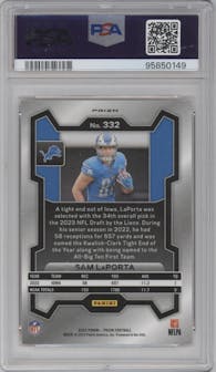 Sam LaPorta from the 2023 Panini Prizm set featuring a Lazer parallel graded by PSA and given an overall grade of 9.