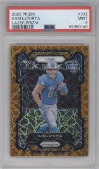 Sam LaPorta from the 2023 Panini Prizm set featuring a Lazer parallel graded by PSA and given an overall grade of 9.