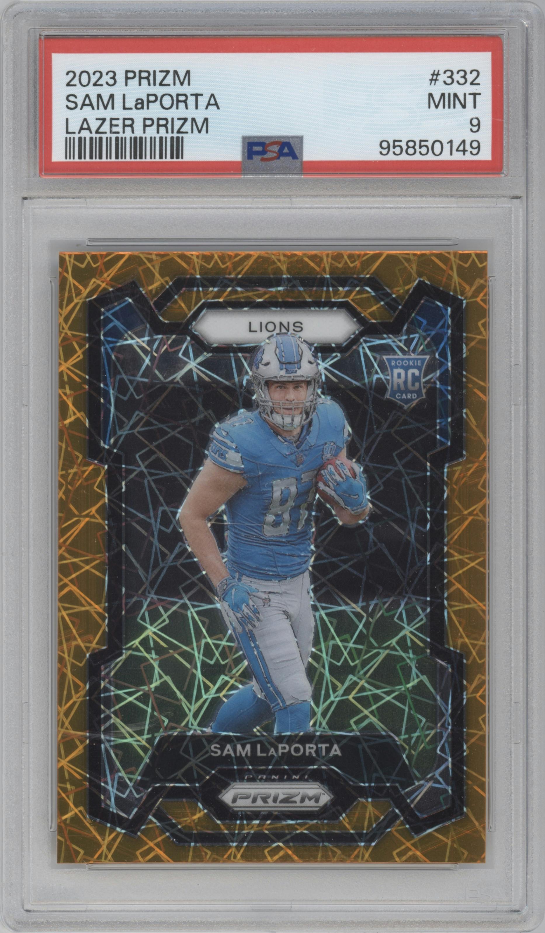Sam LaPorta from the 2023 Panini Prizm set featuring a Lazer parallel graded by PSA and given an overall grade of 9.