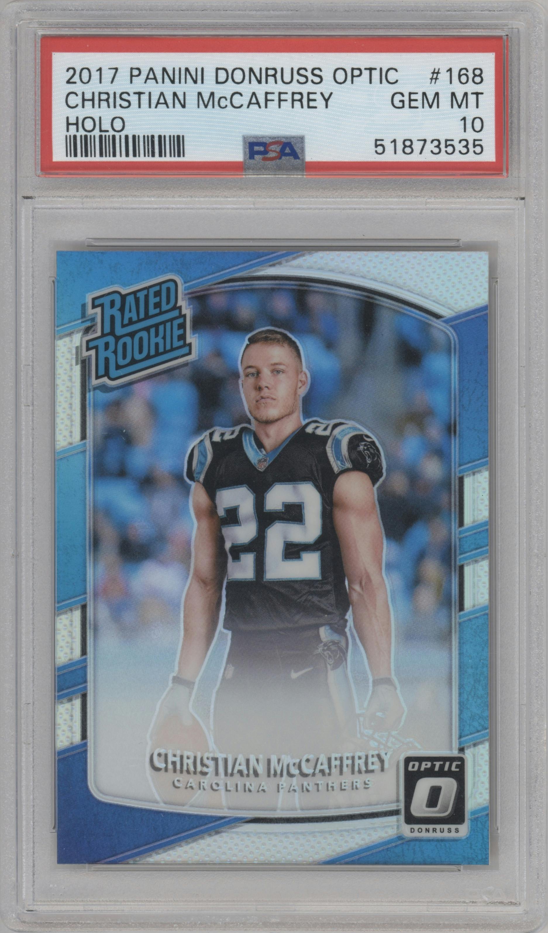 Christian McCaffrey from the 2017 Panini Donruss Optic set featuring a Holo parallel graded by PSA and given an overall grade of 10.