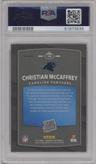 Christian McCaffrey from the 2017 Panini Donruss Optic set featuring a Holo parallel graded by PSA and given an overall grade of 10.