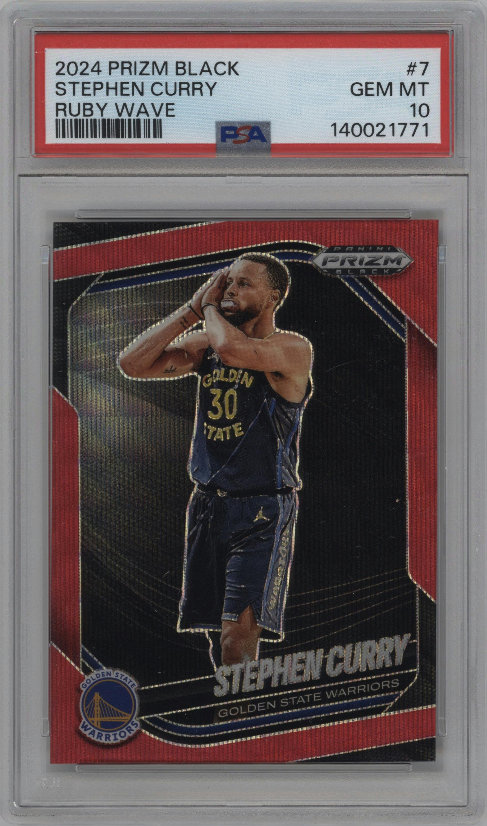 Stephen Curry from the 2024-25 Panini Prizm Black set featuring a Ruby Wave parallel graded by PSA and given an overall grade of 10.
