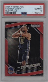 Stephen Curry from the 2024-25 Panini Prizm Black set featuring a Ruby Wave parallel graded by PSA and given an overall grade of 10.