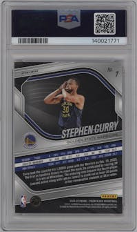 Stephen Curry from the 2024-25 Panini Prizm Black set featuring a Ruby Wave parallel graded by PSA and given an overall grade of 10.