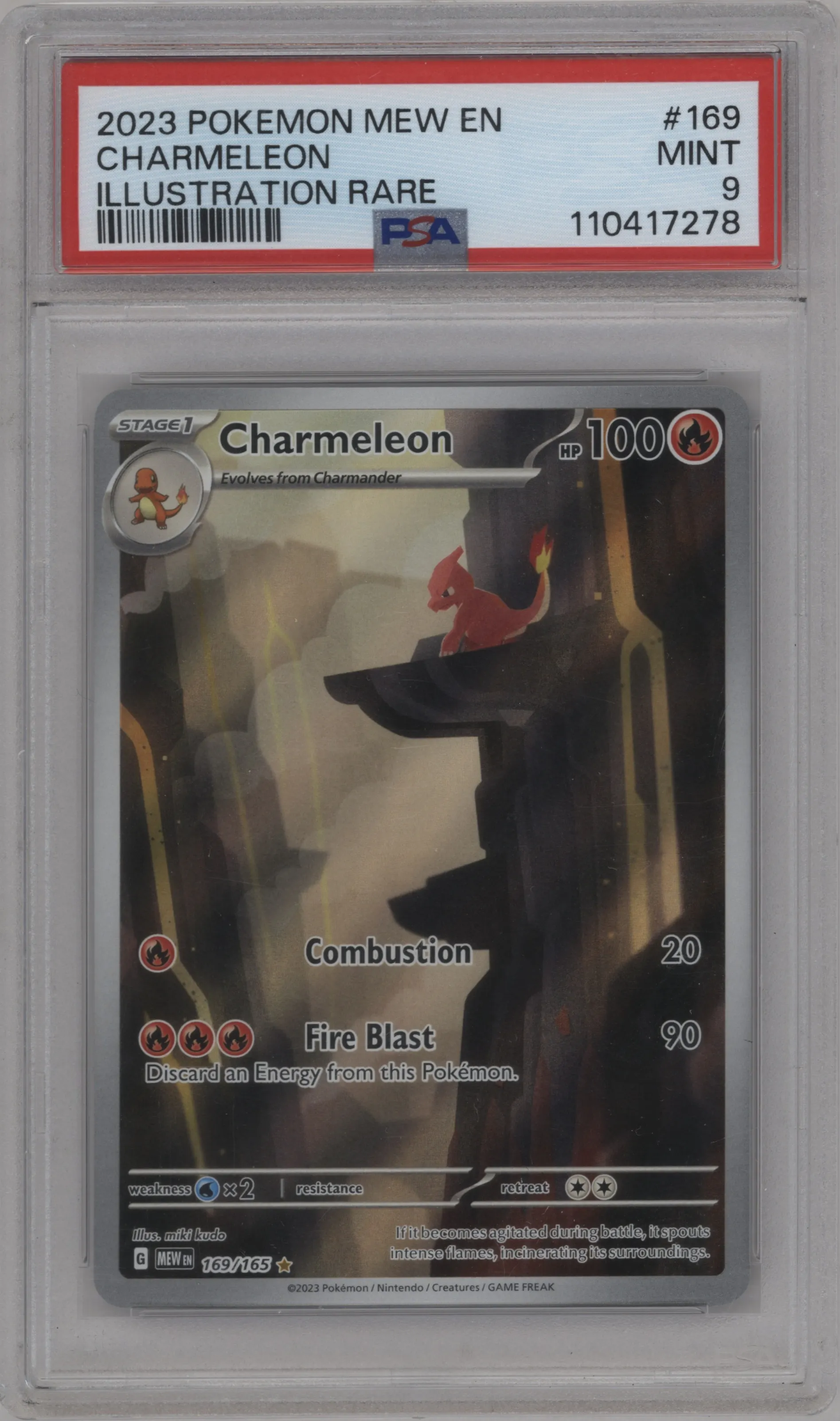 Charmeleon from the 2023 Pokemon SV set graded by PSA and given an overall grade of 9.