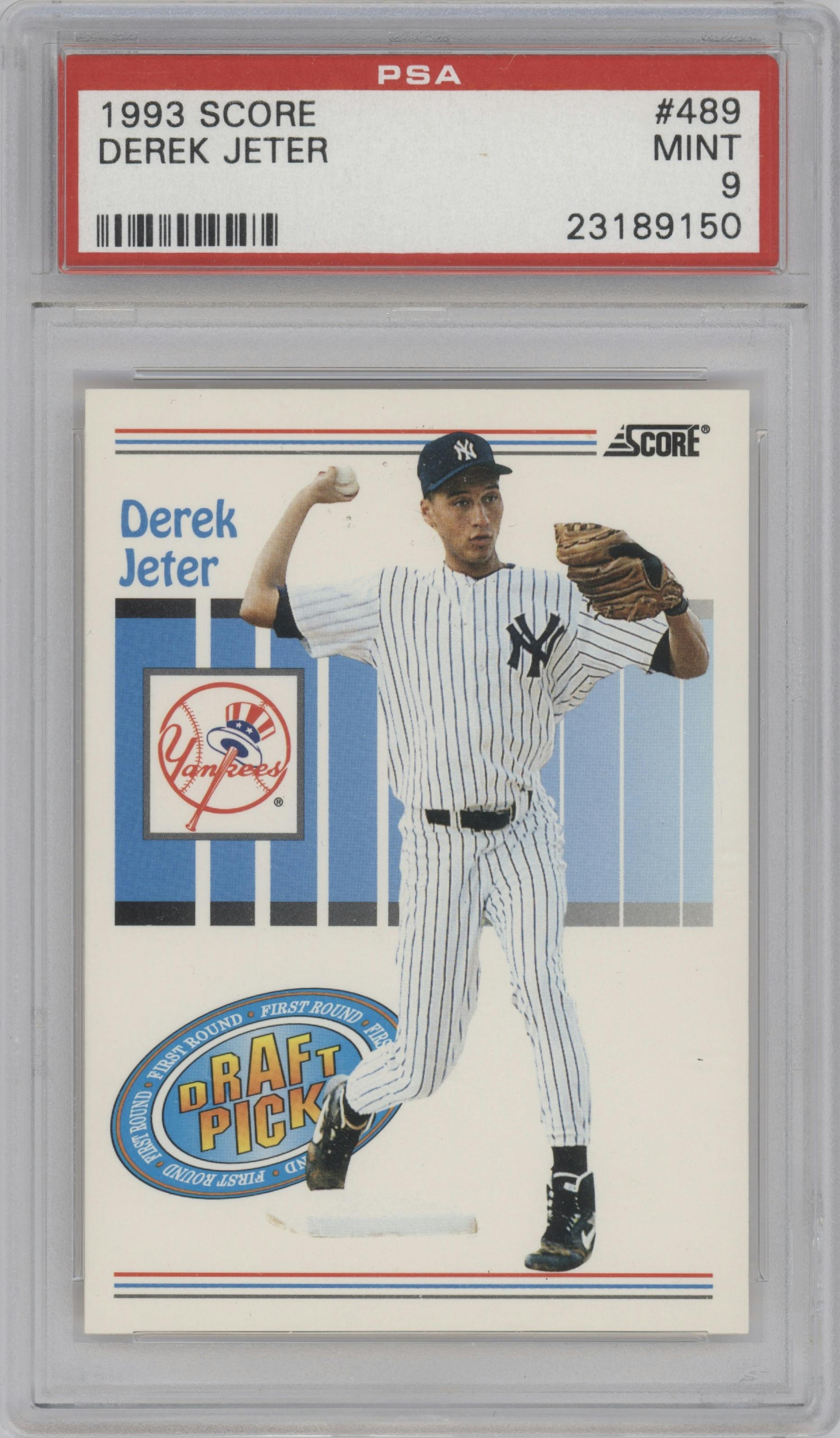 Derek Jeter  from the 1993 Score  set graded by PSA and given an overall grade of 9.