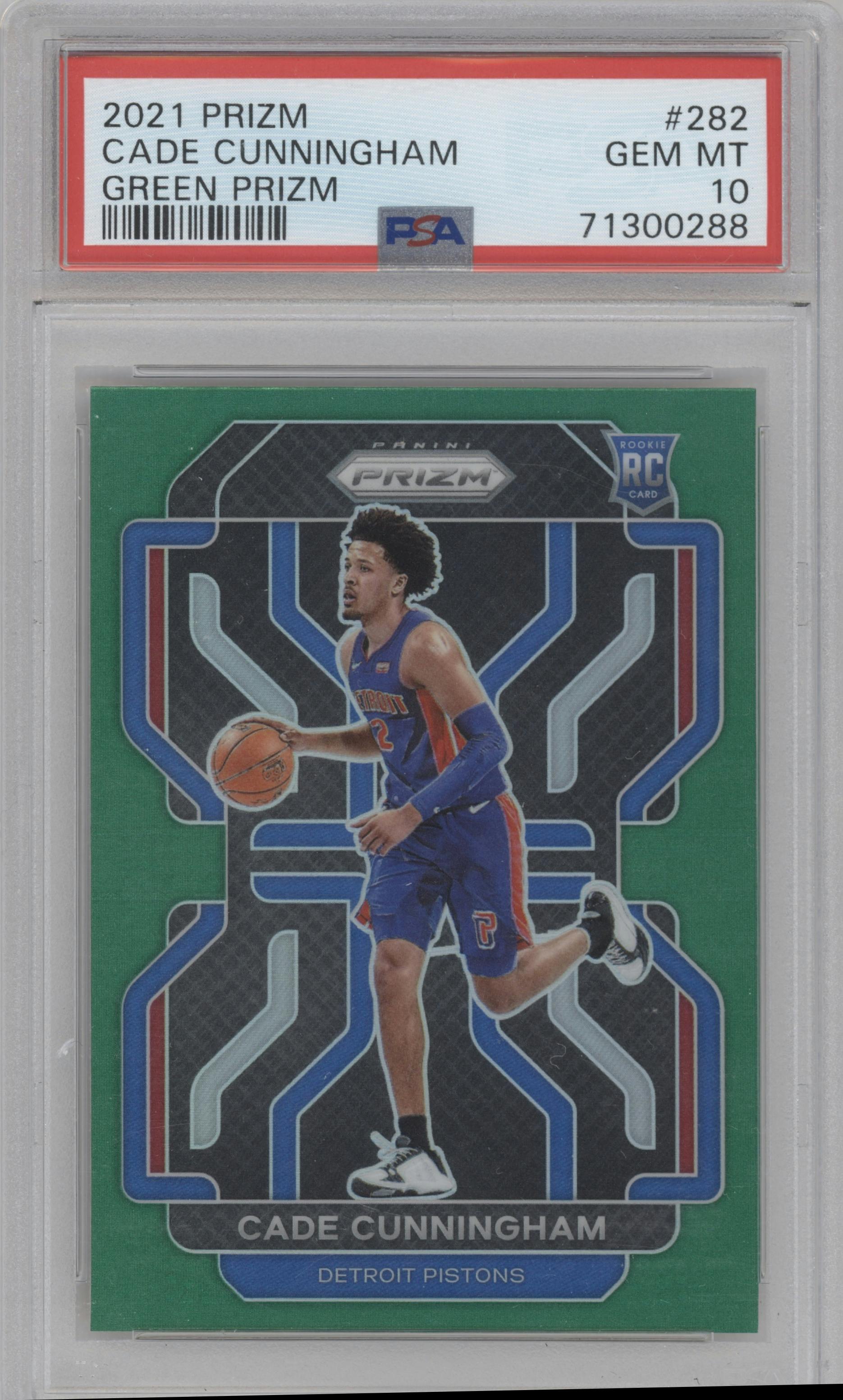 Cade Cunningham from the 2021-22 Panini Prizm  set featuring a Green Prizm parallel graded by PSA and given an overall grade of 10.