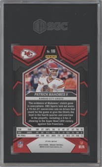 Patrick Mahomes II from the 2024 Panini Mosaic set featuring a Mosaic parallel graded by SGC and given an overall grade of 9.5.