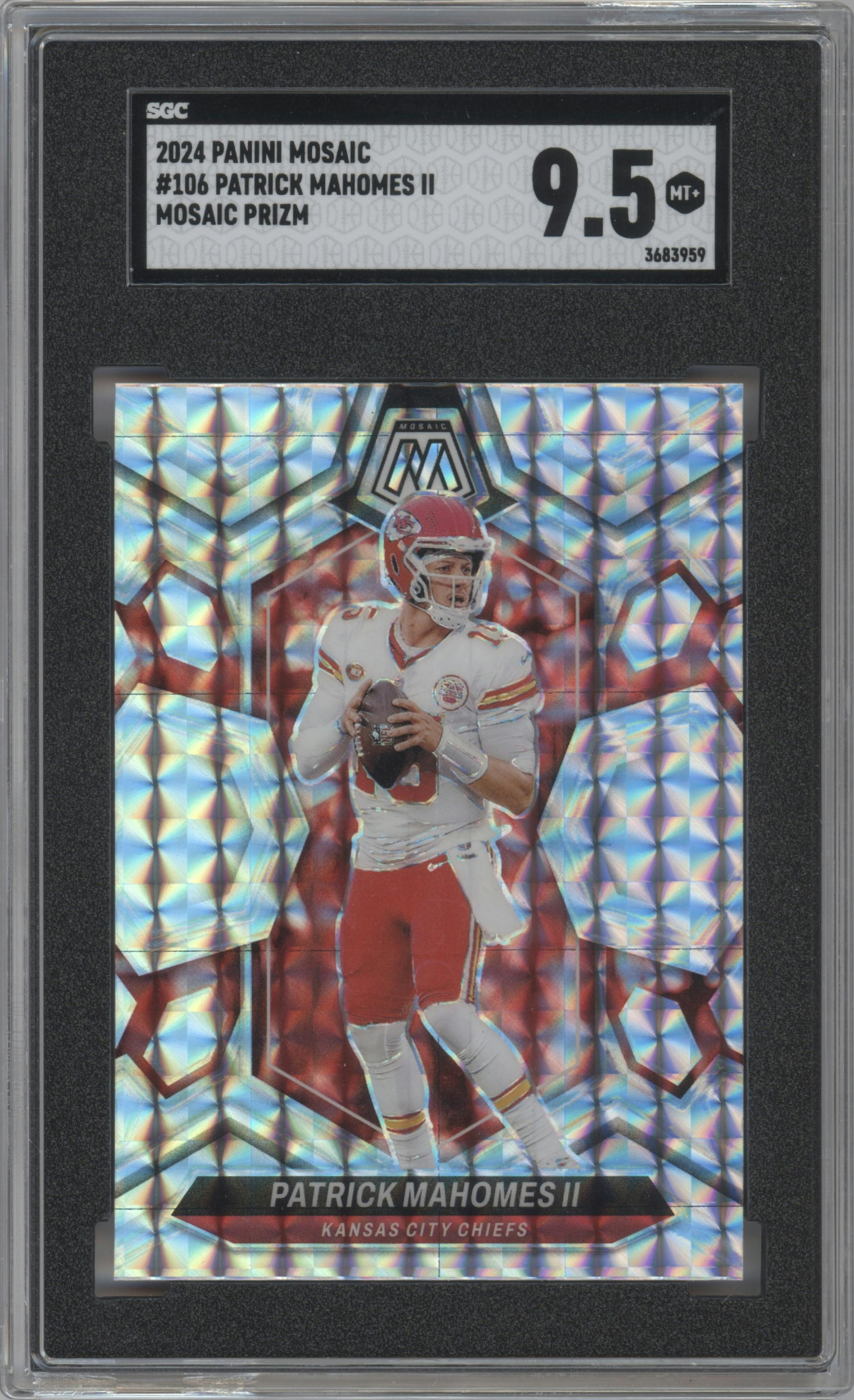 Patrick Mahomes II from the 2024 Panini Mosaic set featuring a Mosaic parallel graded by SGC and given an overall grade of 9.5.