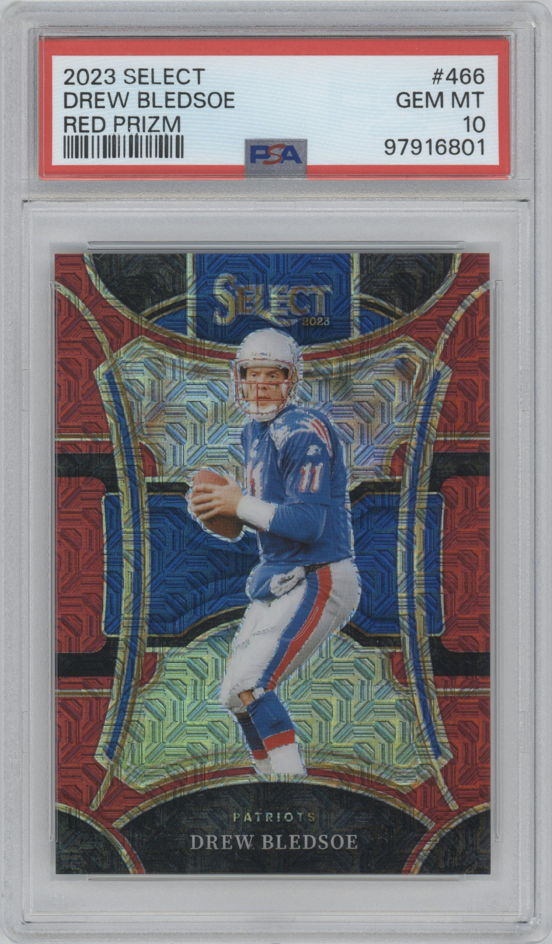 Drew Bledsoe from the 2023 Panini Select set featuring a Red Prizm parallel graded by PSA and given an overall grade of 10.