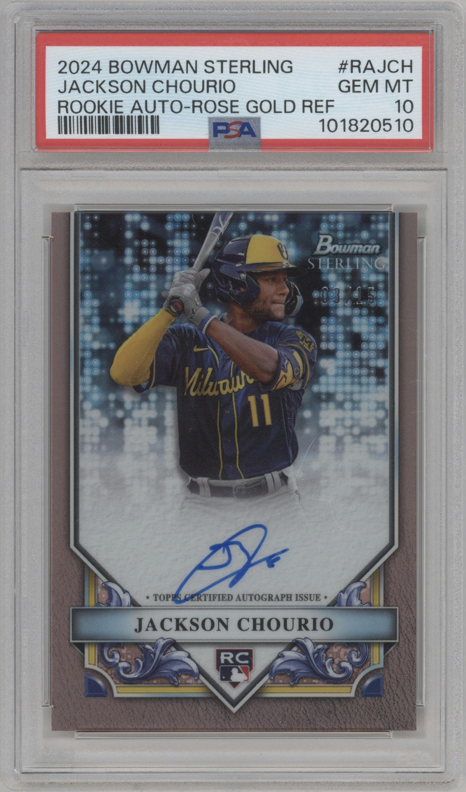 Jackson Chourio from the 2024 Bowman Sterling set featuring a Rose Gold Refractor parallel graded by PSA and given an overall grade of 10.