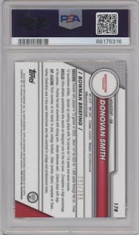 Donovan Smith from the 2023 Bowman Chrome University set featuring a Purple Mini-Diamond Refractor parallel graded by PSA and given an overall grade of 10.