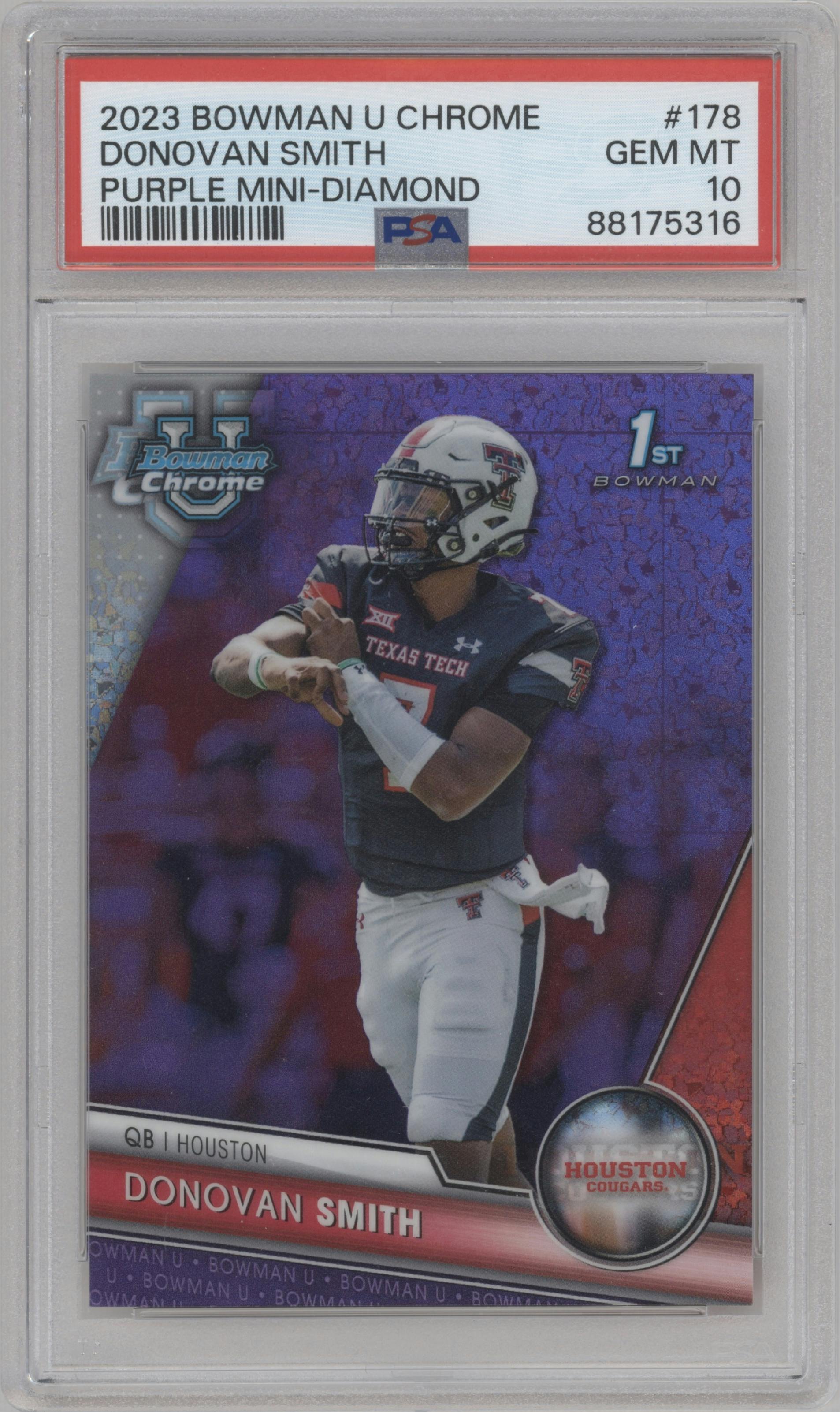 Donovan Smith from the 2023 Bowman Chrome University set featuring a Purple Mini-Diamond Refractor parallel graded by PSA and given an overall grade of 10.