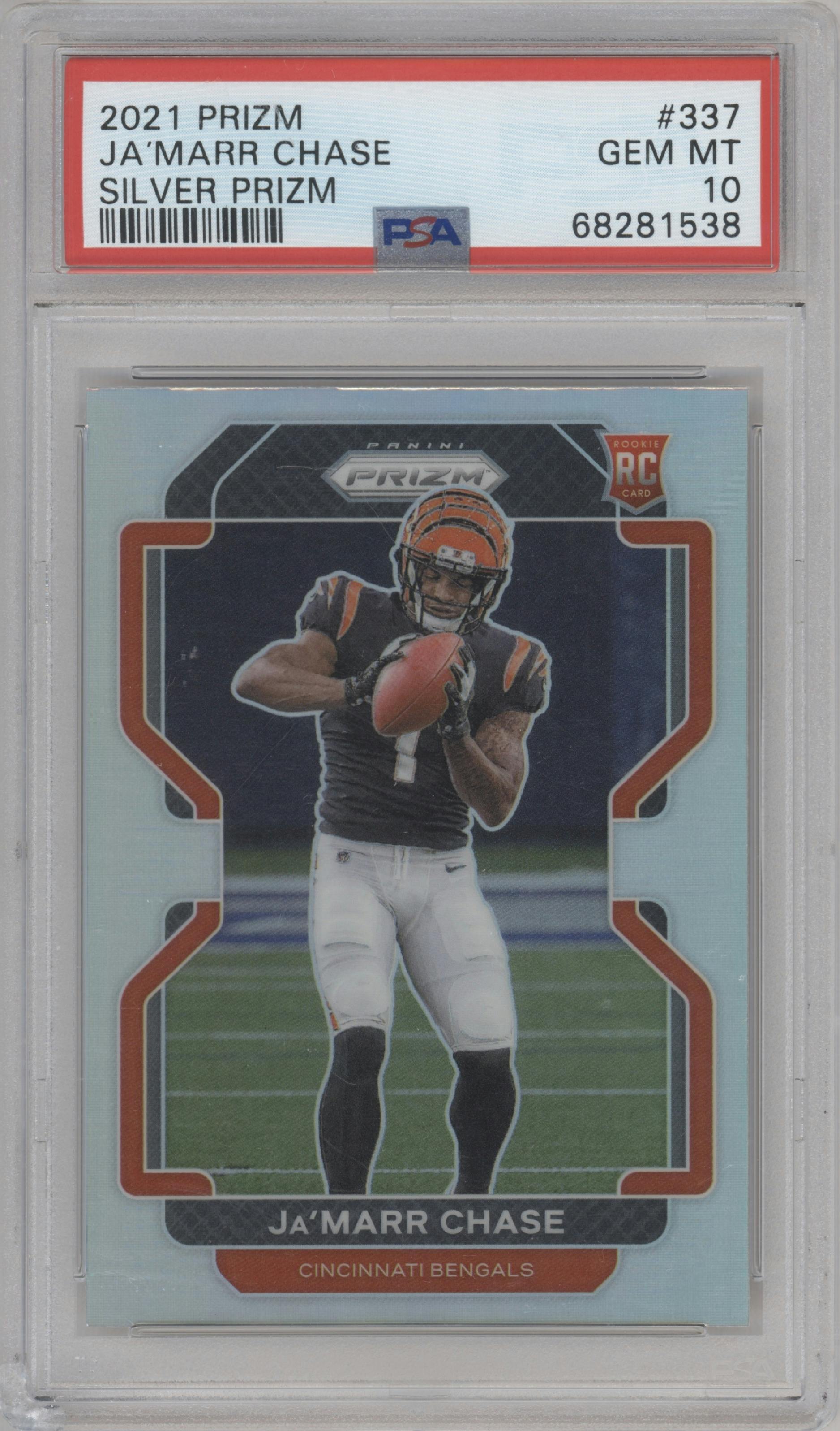 Ja'Marr Chase from the 2021 Panini Prizm set featuring a Silver Prizm parallel graded by PSA and given an overall grade of 10.