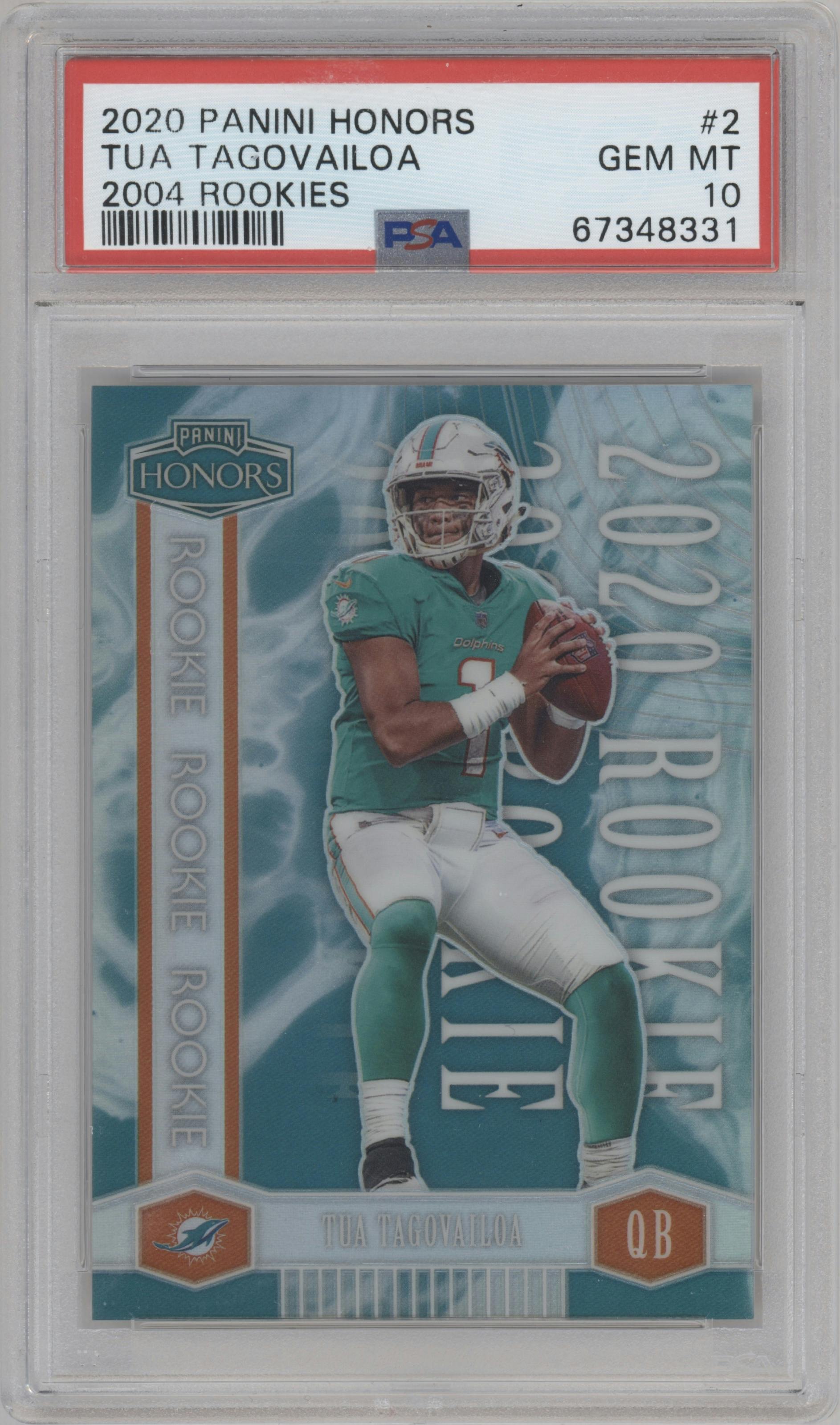 Tua Tagovailoa from the 2020 Panini Honors set graded by PSA and given an overall grade of 10.