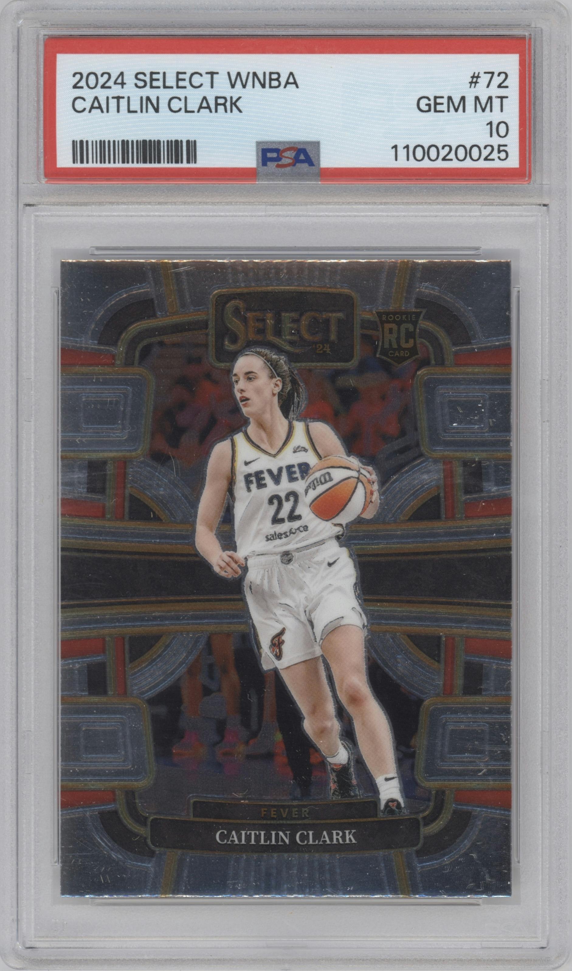 Caitlin Clark from the 2024 Panini Select WNBA set graded by PSA and given an overall grade of 10.