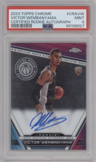 Victor Wembanyama from the 2023-24 Topps Chrome set graded by PSA and given an overall grade of 9.