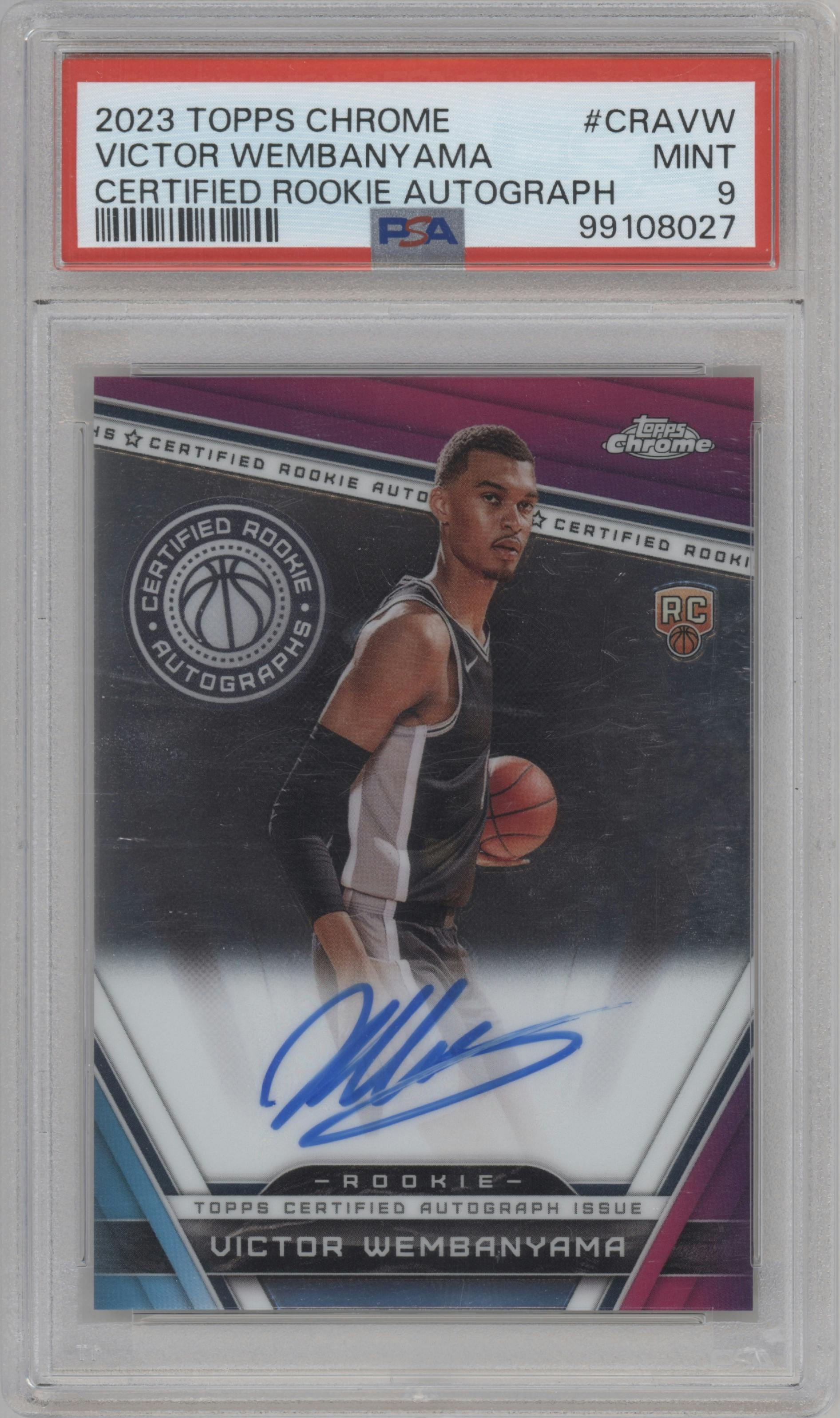 Victor Wembanyama from the 2023-24 Topps Chrome set graded by PSA and given an overall grade of 9.