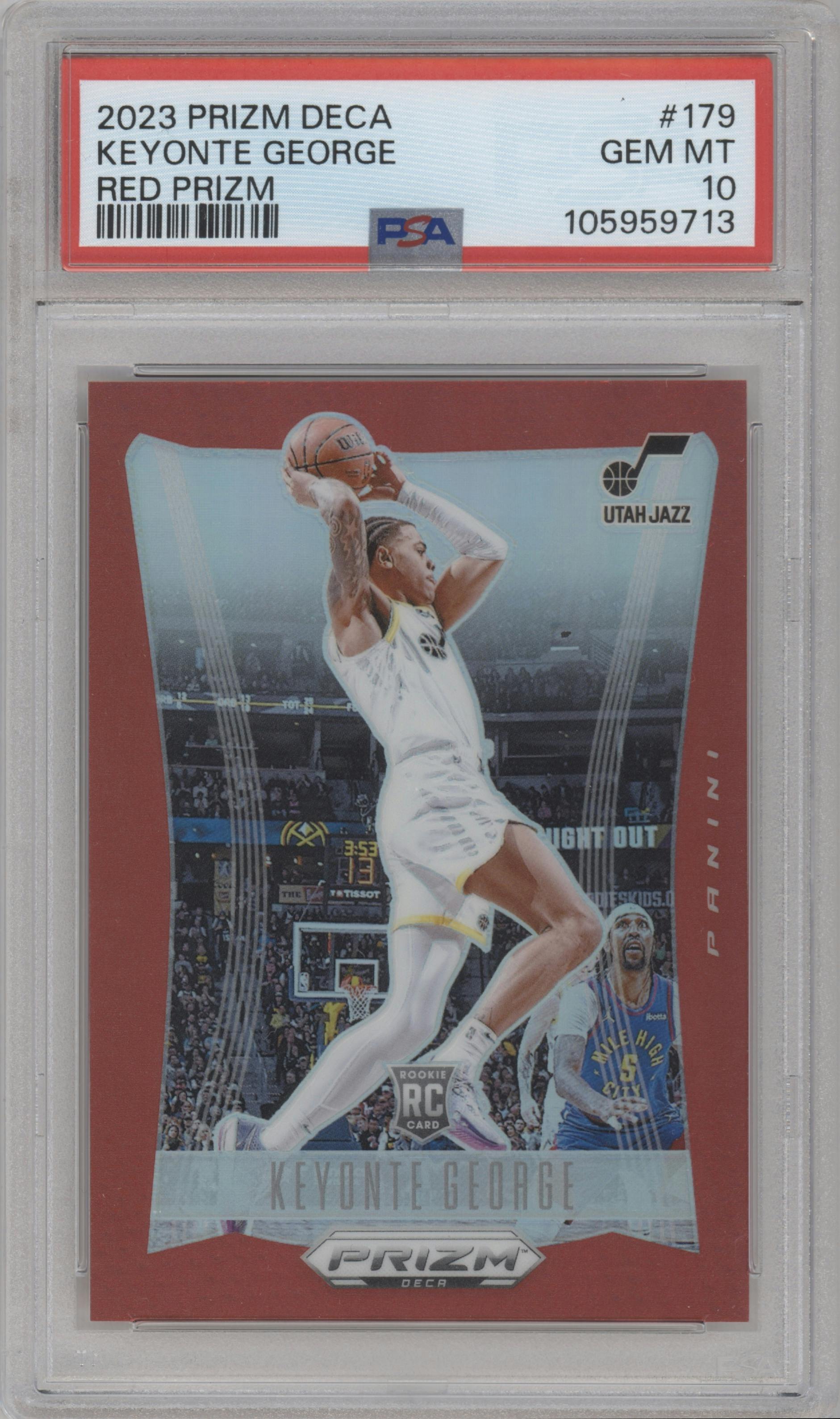 Keyonte George from the 2023-24 Panini Prizm Deca set featuring a Red Prizm parallel graded by PSA and given an overall grade of 10.
