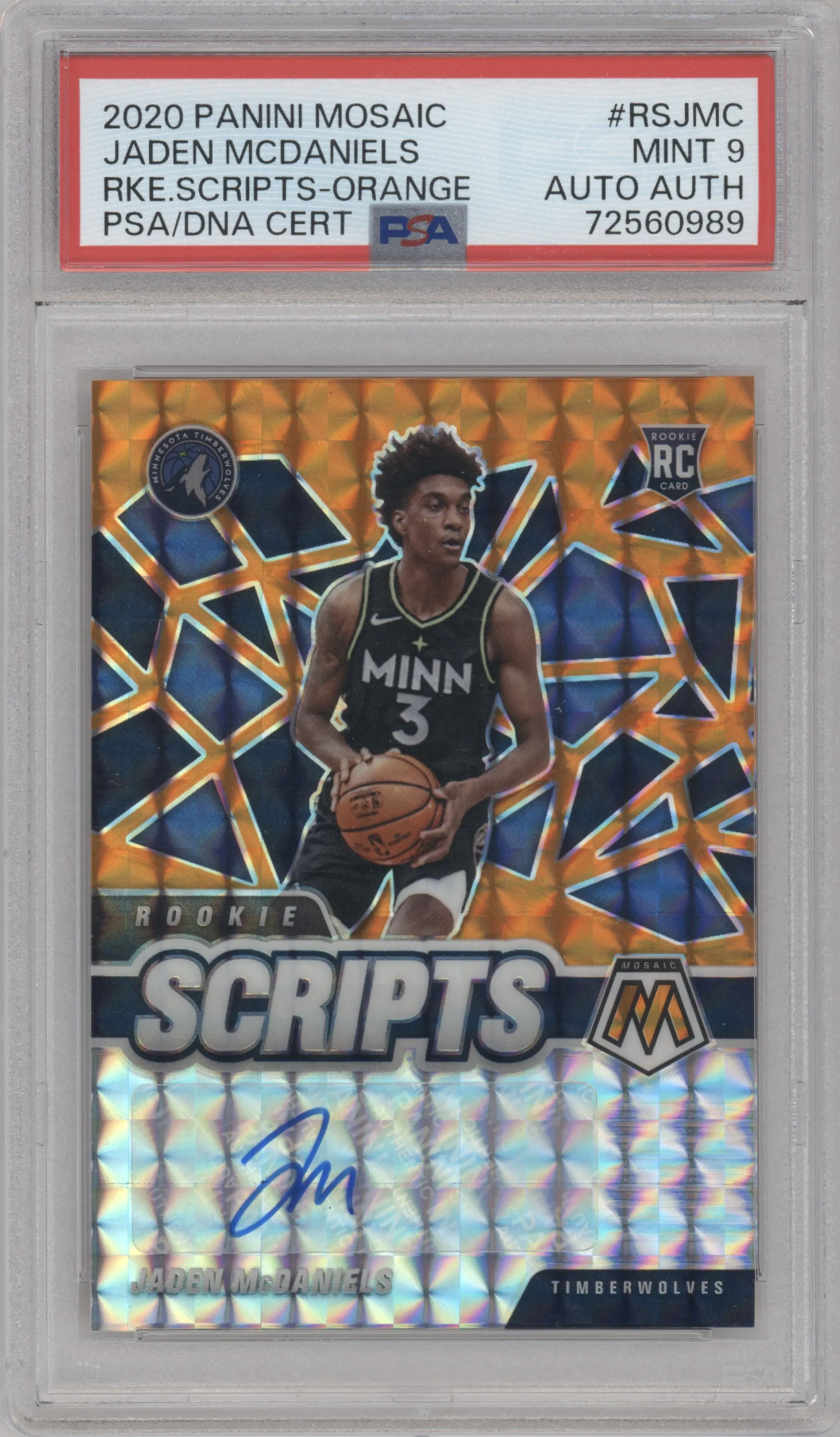 2020 Panini Mosaic Rookie Scripts Jaden McDaniels Orange PSA 9