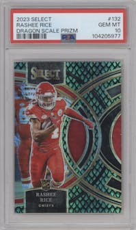 Rashee Rice from the 2023 Panini Select set featuring a Dragon Scale parallel graded by PSA and given an overall grade of 10.