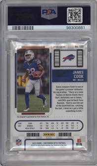 James Cook from the 2022 Panini Contenders Optic set featuring a Black Pulsar parallel graded by PSA and given an overall grade of 10.