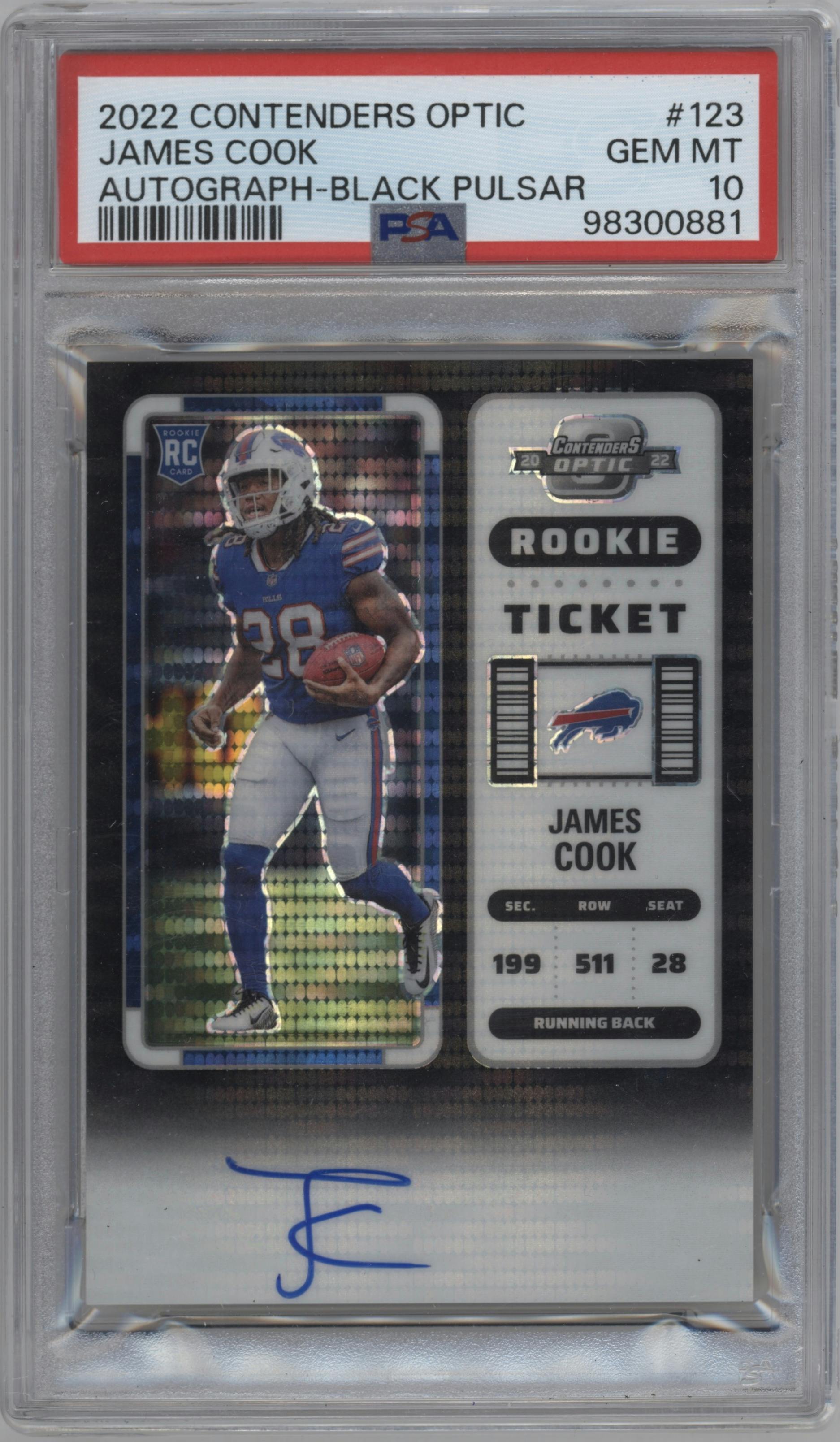 James Cook from the 2022 Panini Contenders Optic set featuring a Black Pulsar parallel graded by PSA and given an overall grade of 10.