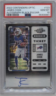 James Cook from the 2022 Panini Contenders Optic set featuring a Black Pulsar parallel graded by PSA and given an overall grade of 10.