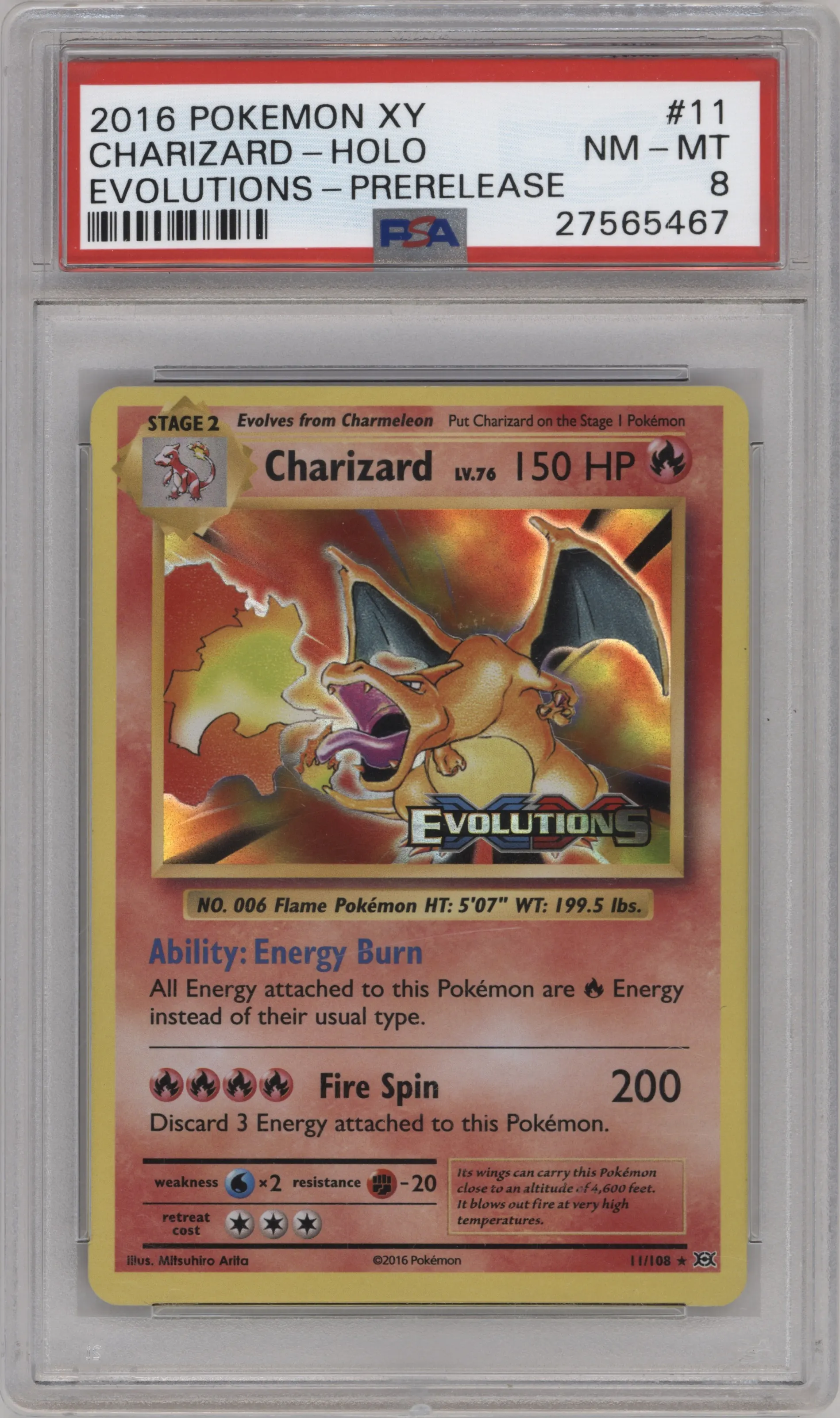 2016 Pokemon XY Evolutions Charizard Pre-Release #11 PSA 8