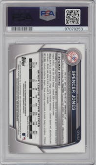 Spencer Jones from the 2023 Bowman  set featuring a Refractor parallel graded by PSA and given an overall grade of 10.