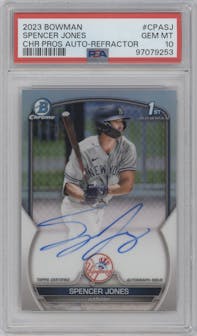 Spencer Jones from the 2023 Bowman  set featuring a Refractor parallel graded by PSA and given an overall grade of 10.