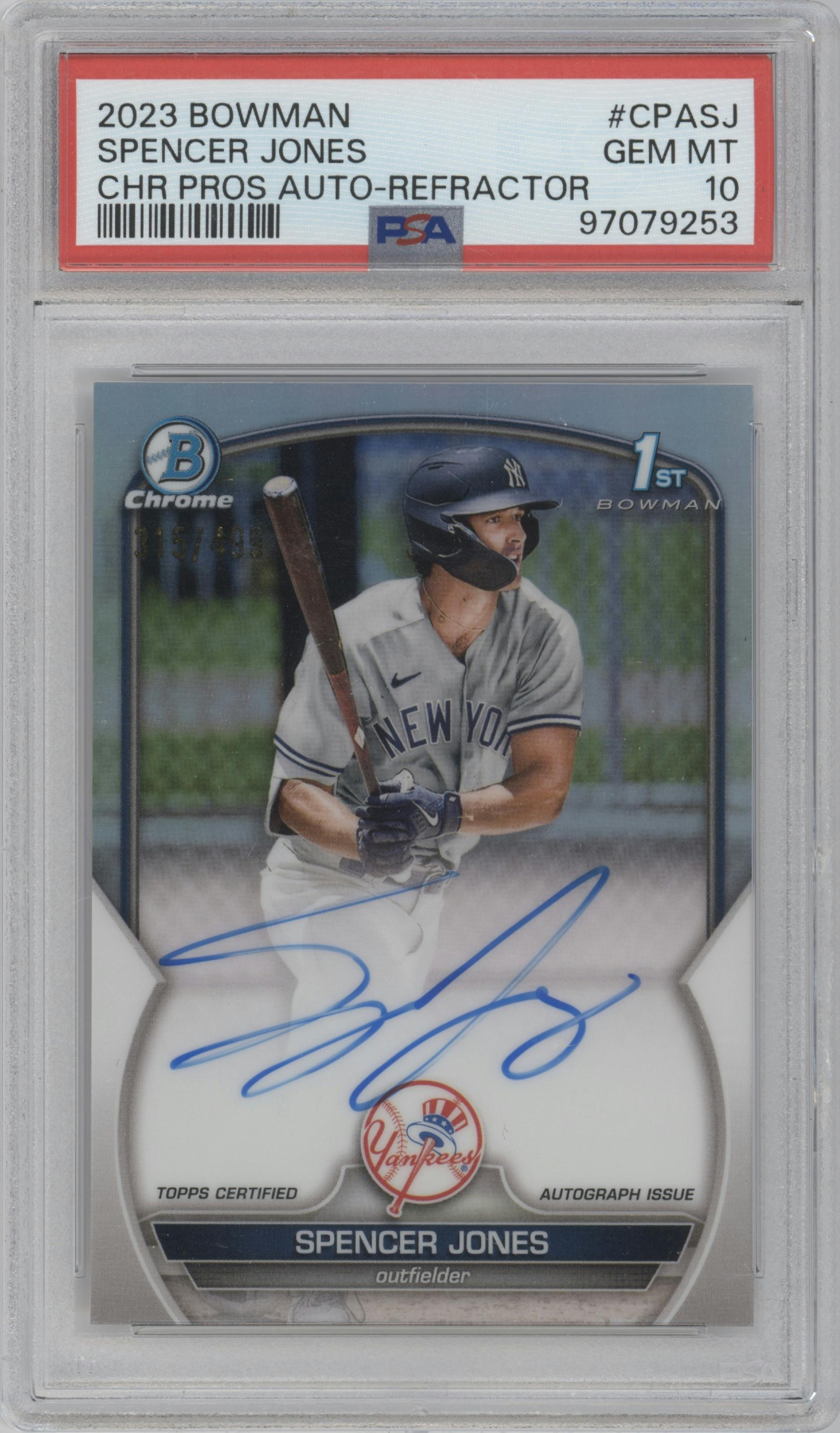 Spencer Jones from the 2023 Bowman  set featuring a Refractor parallel graded by PSA and given an overall grade of 10.