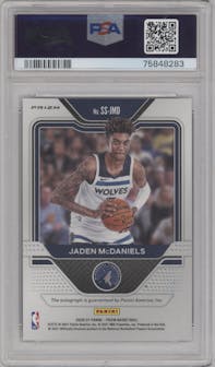 Jaden McDaniels from the 2020-21 Panini Prizm set featuring a Silver Prizm parallel graded by PSA and given an overall grade of 9.