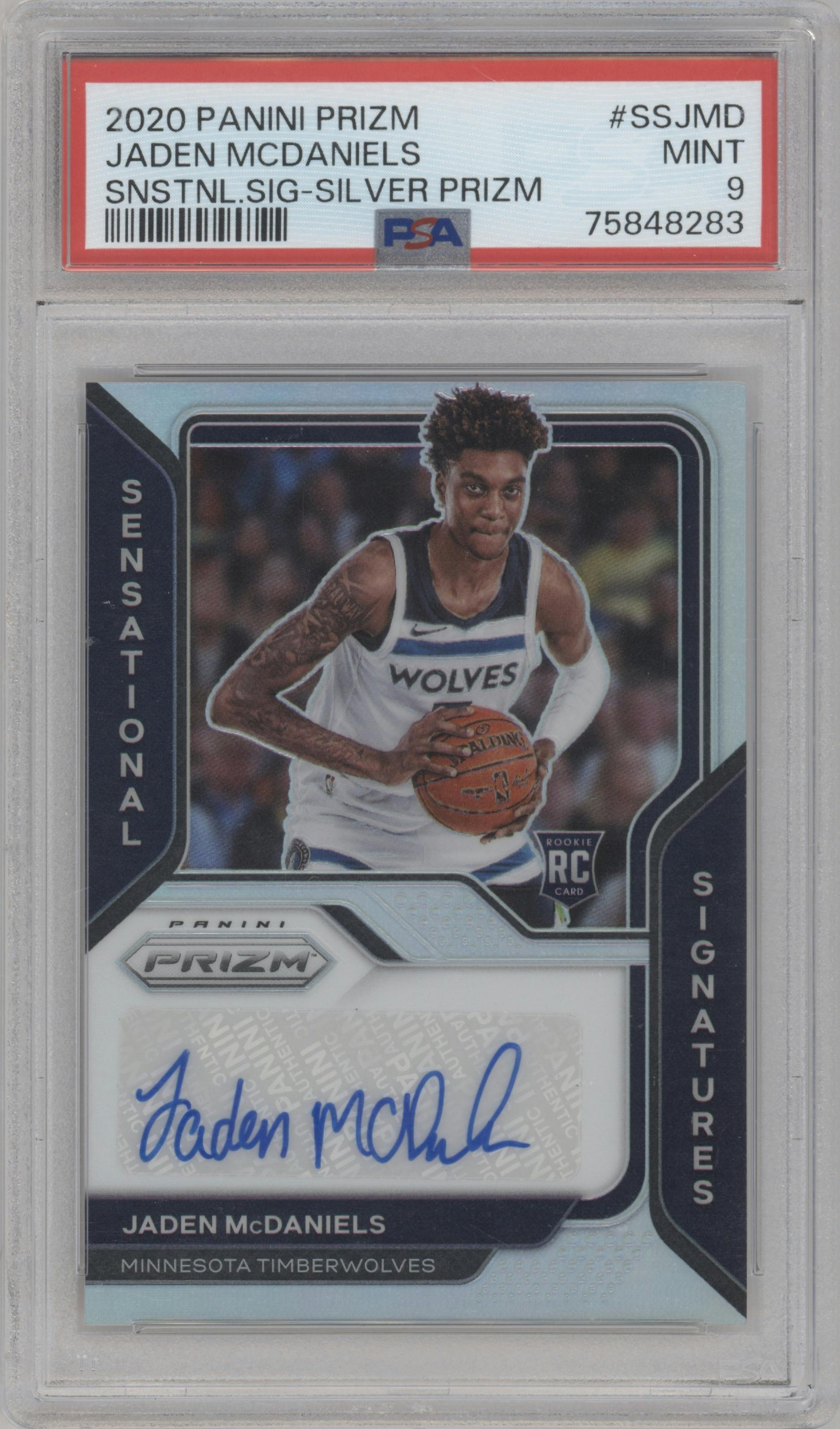 Jaden McDaniels from the 2020-21 Panini Prizm set featuring a Silver Prizm parallel graded by PSA and given an overall grade of 9.