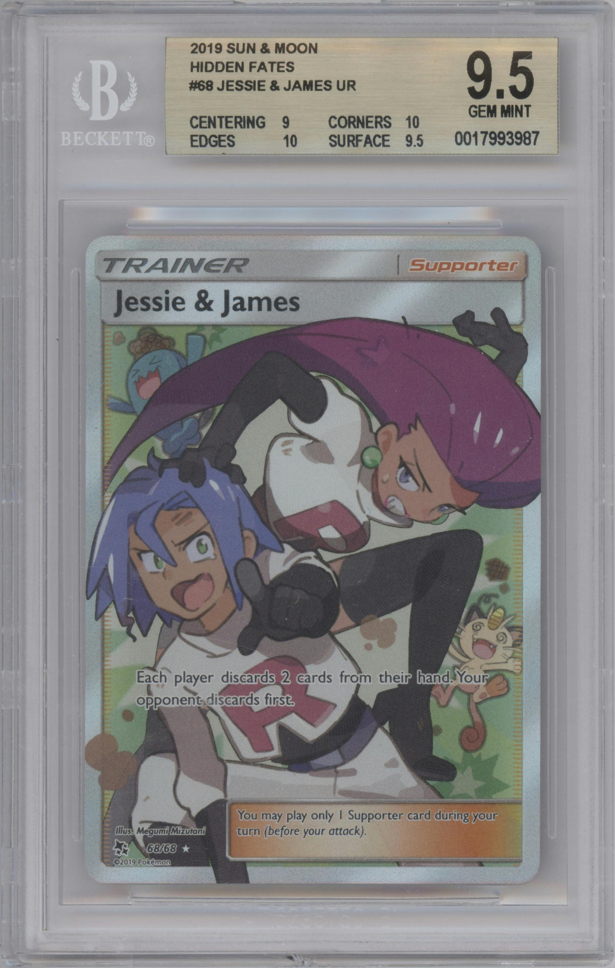 Jessie/James from the 2019 Pokemon S&M  set graded by Beckett and given an overall grade of 9.5.