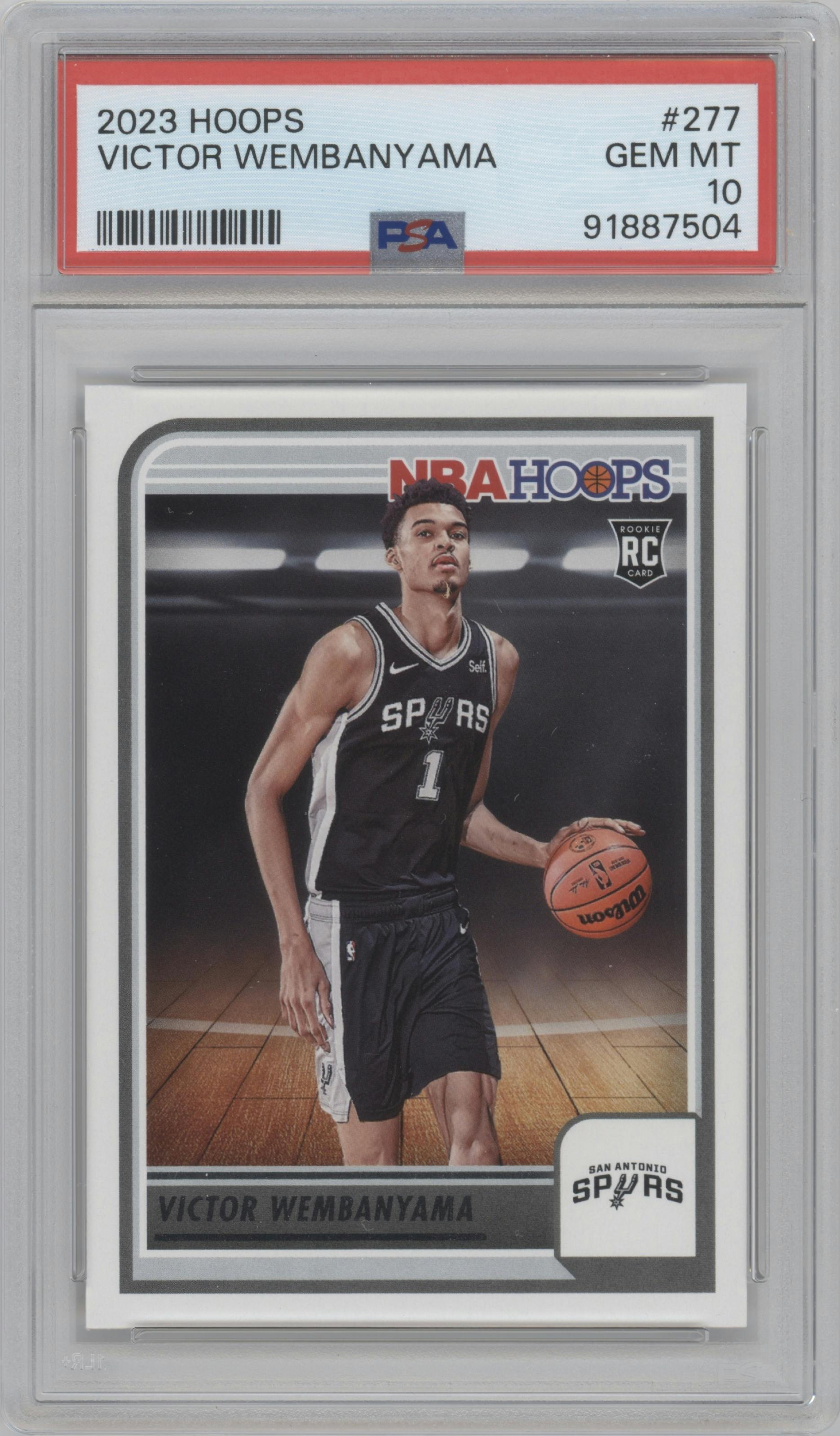 Victor Wembanyama from the 2023-24 Panini NBA Hoops set graded by PSA and given an overall grade of 10.
