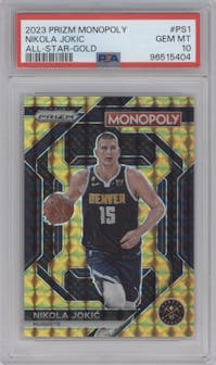 Nikola Jokic from the 2023-24 Panini Prizm Monopoly set featuring a Gold parallel graded by PSA and given an overall grade of 10.