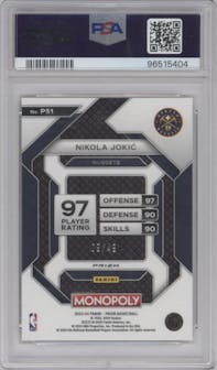 Nikola Jokic from the 2023-24 Panini Prizm Monopoly set featuring a Gold parallel graded by PSA and given an overall grade of 10.
