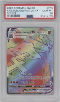 Stonjourner VMAX from the 2020 Pokemon SWSH set graded by PSA and given an overall grade of 10.