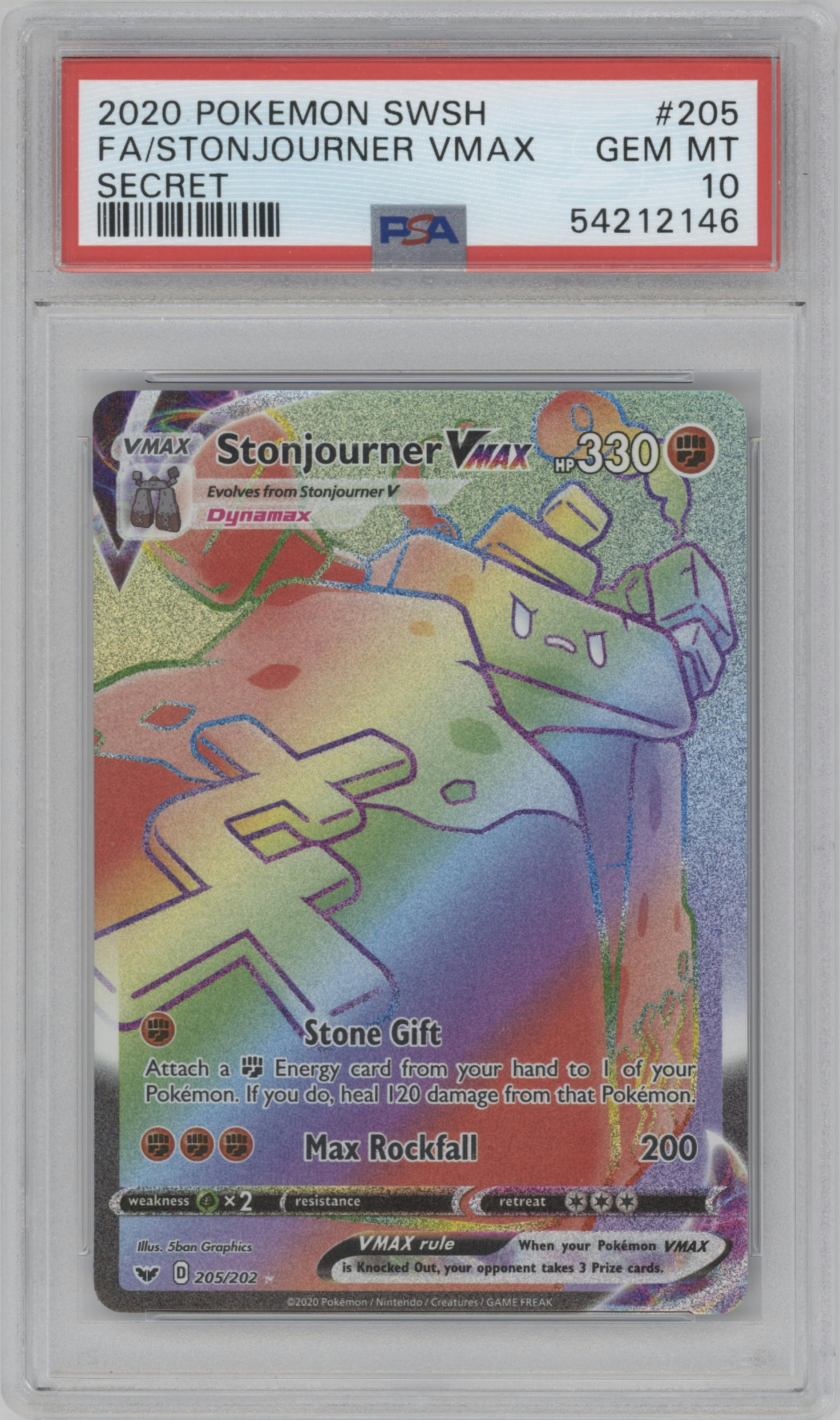Stonjourner VMAX from the 2020 Pokemon SWSH set graded by PSA and given an overall grade of 10.