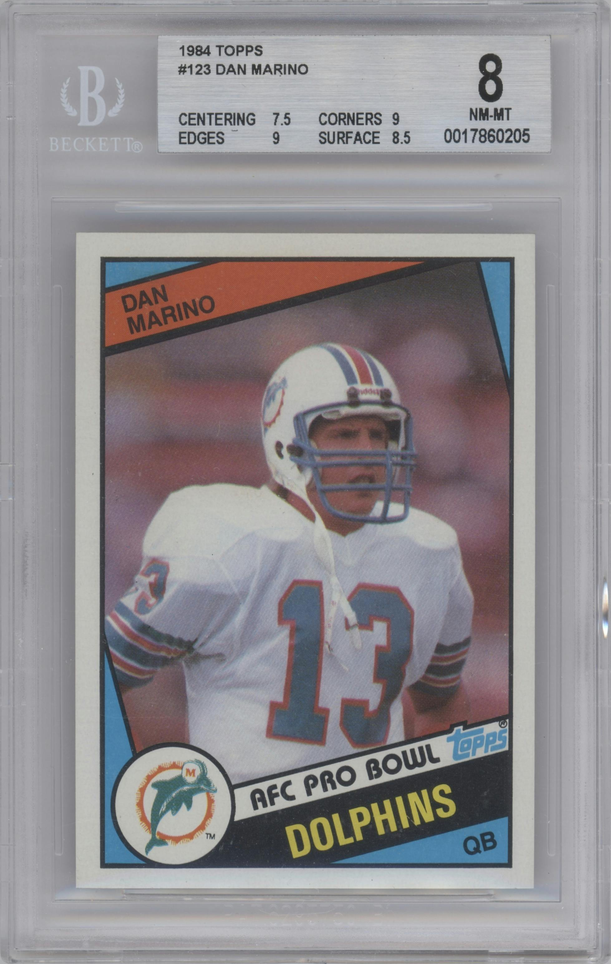Dan Marino from the 1984 Topps set graded by Beckett and given an overall grade of 8.