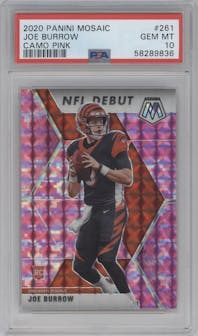 Joe Burrow from the 2020 Panini Mosaic set featuring a Pink Camo parallel graded by PSA and given an overall grade of 10.