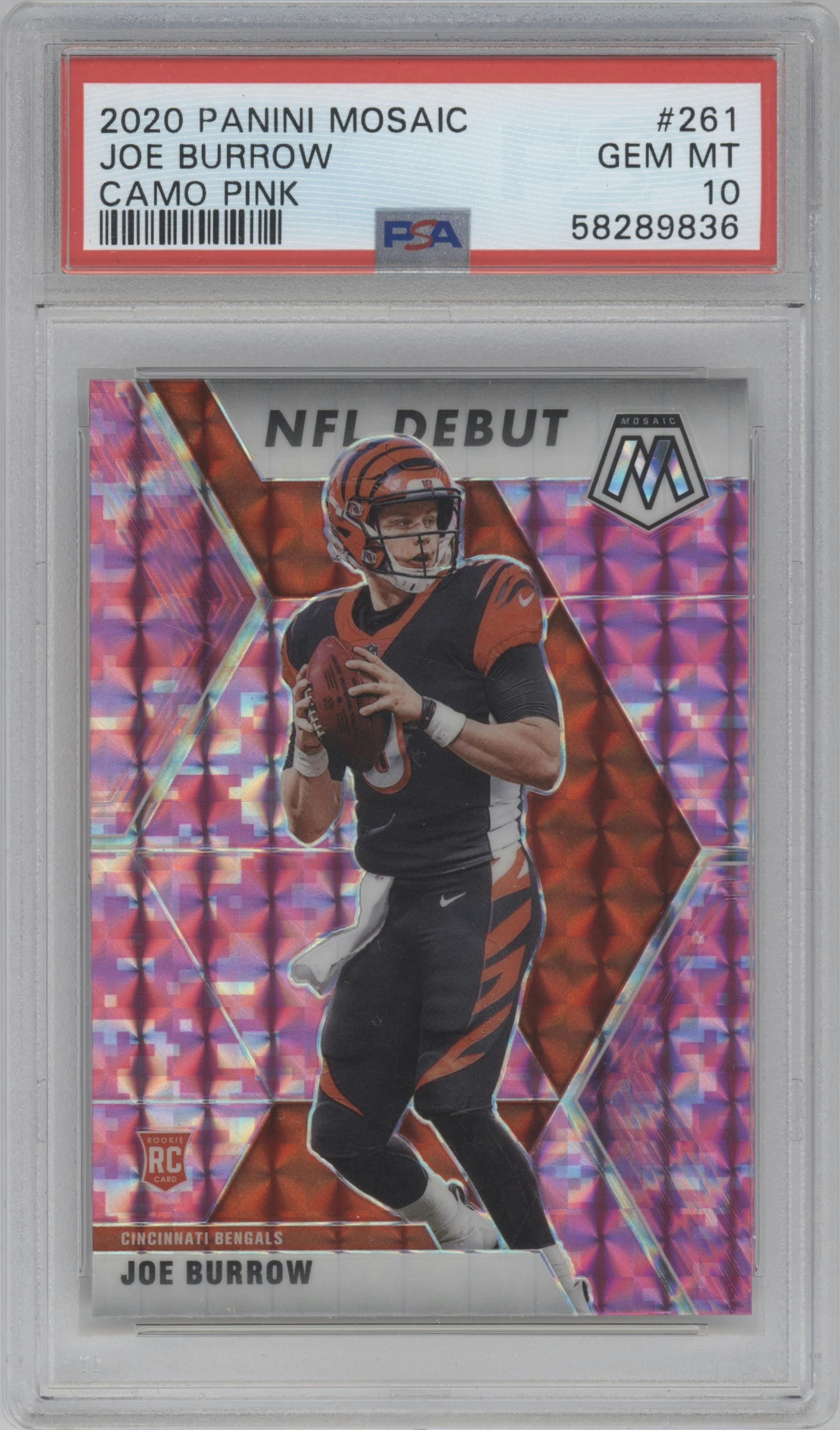Joe Burrow from the 2020 Panini Mosaic set featuring a Pink Camo parallel graded by PSA and given an overall grade of 10.