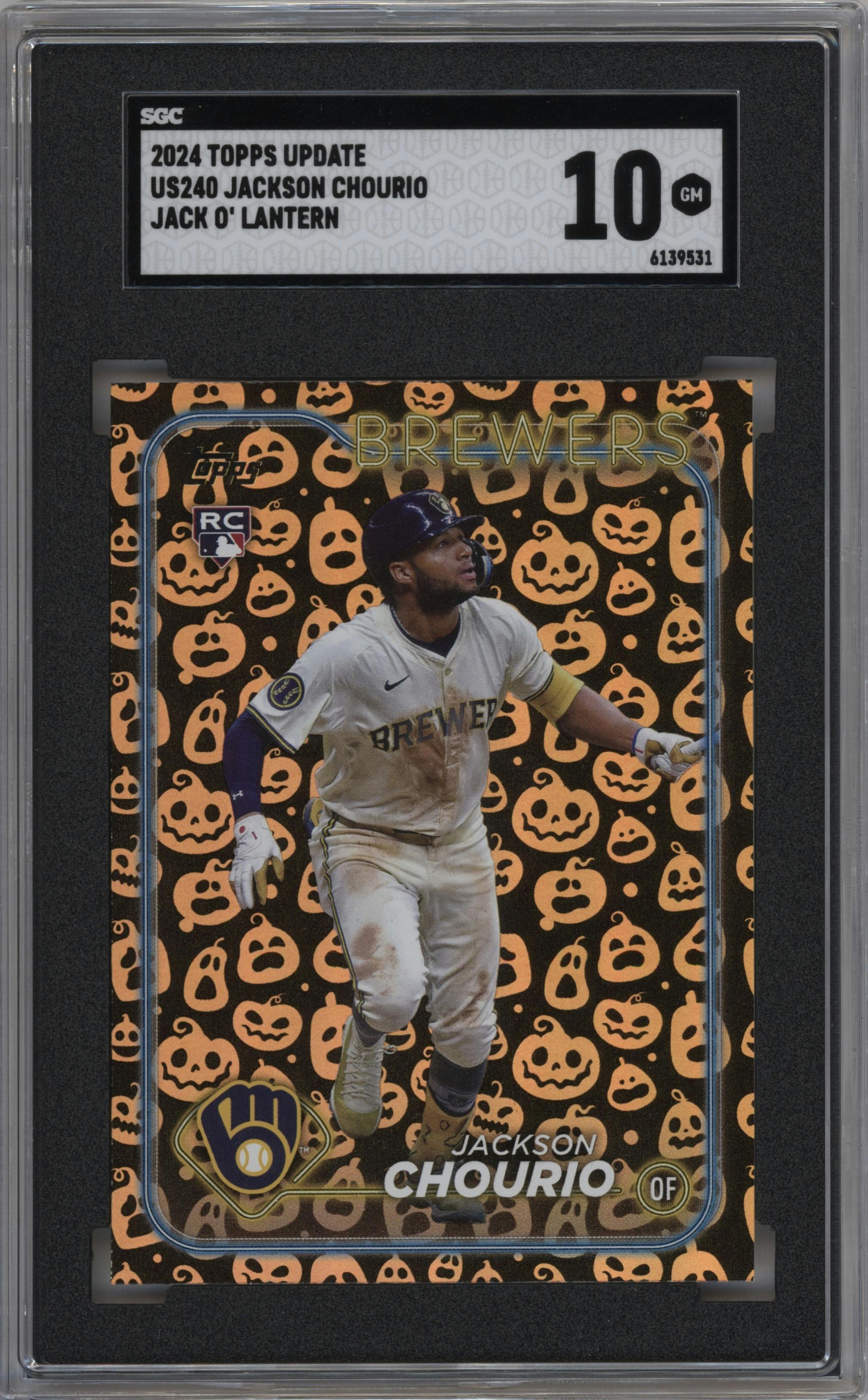 Jackson Chourio from the 2024 Topps Update set featuring a Holiday Jack O'Lanterns parallel graded by SGC and given an overall grade of 10.