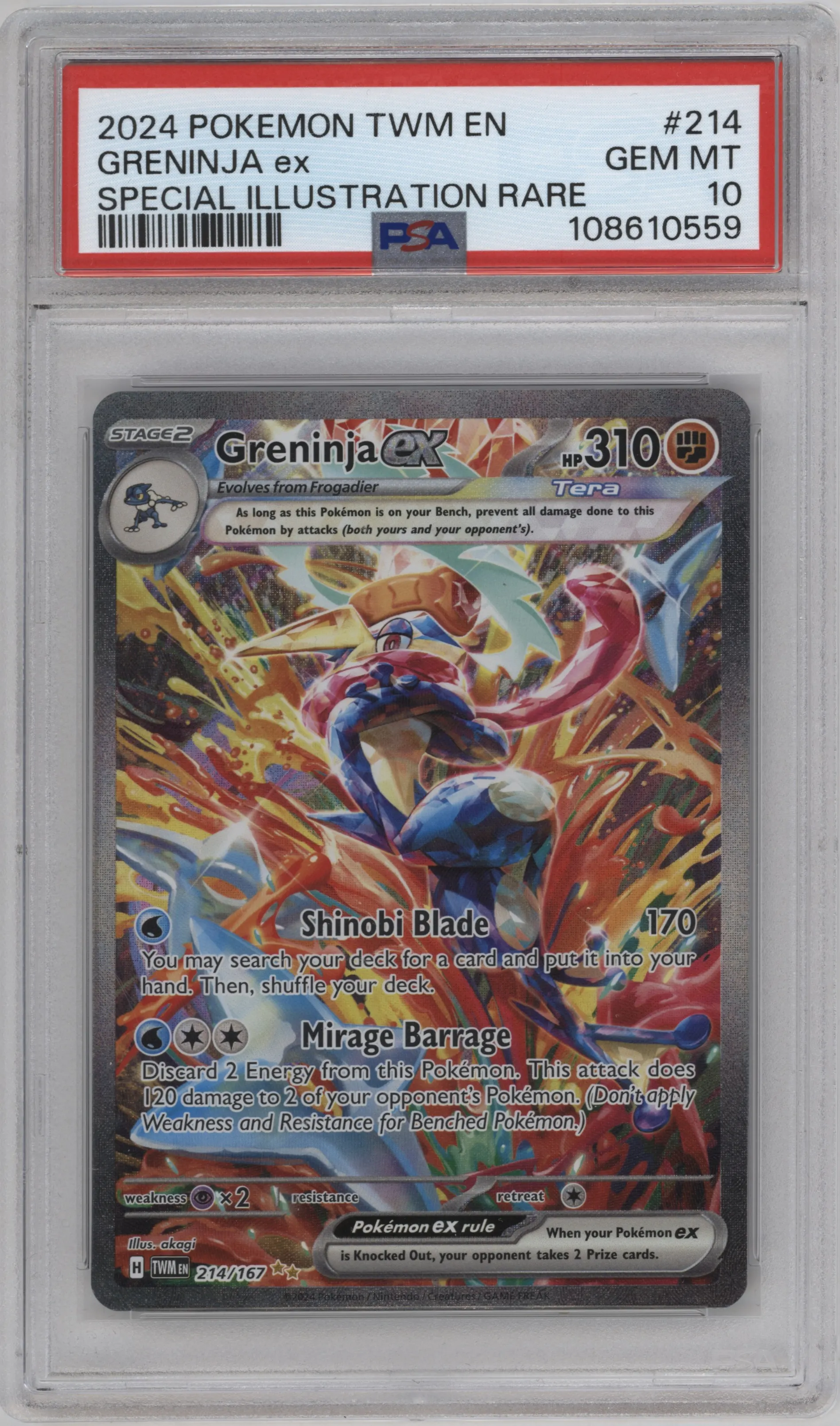 Greninja ex from the 2024 Pokemon SV set graded by PSA and given an overall grade of 10.